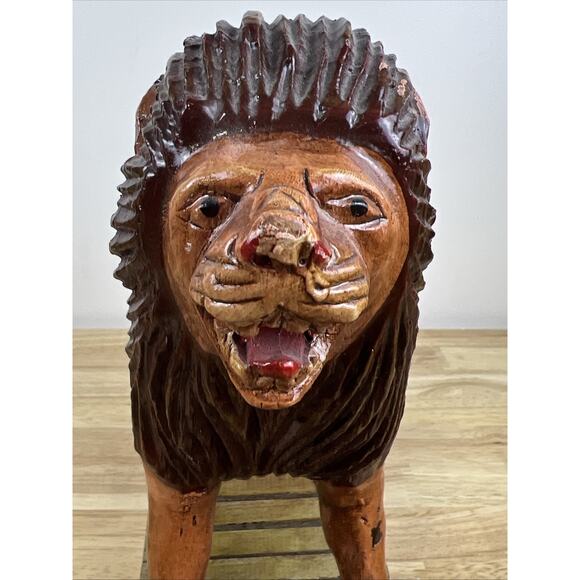 Vintage Hand Carved Folk Art Wooden Rocking Lion 13”x 10” Hand Painted - Picture 7 of 10